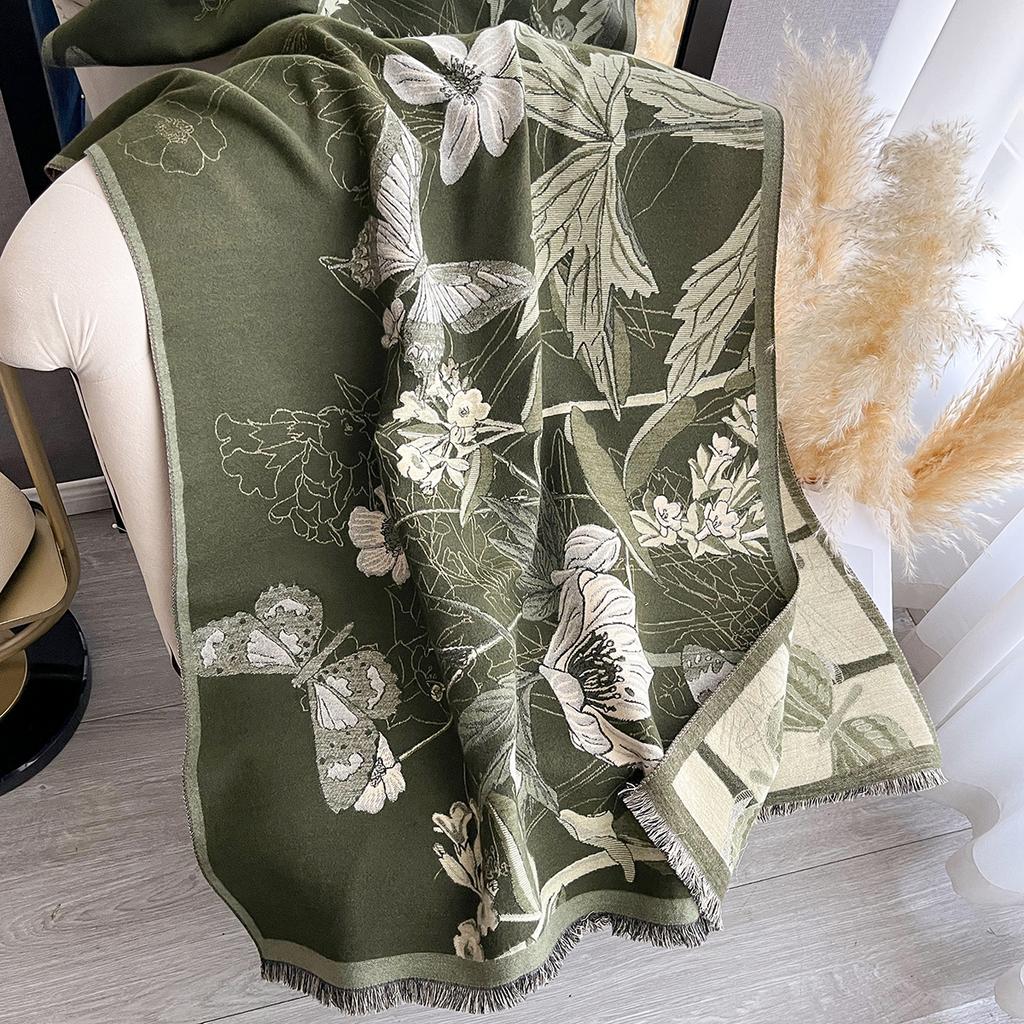 Women's Flower Warm Shawl Simple Thick Imitation Cashmere Scarf with Jacquard Ideal for Autumn and Winter