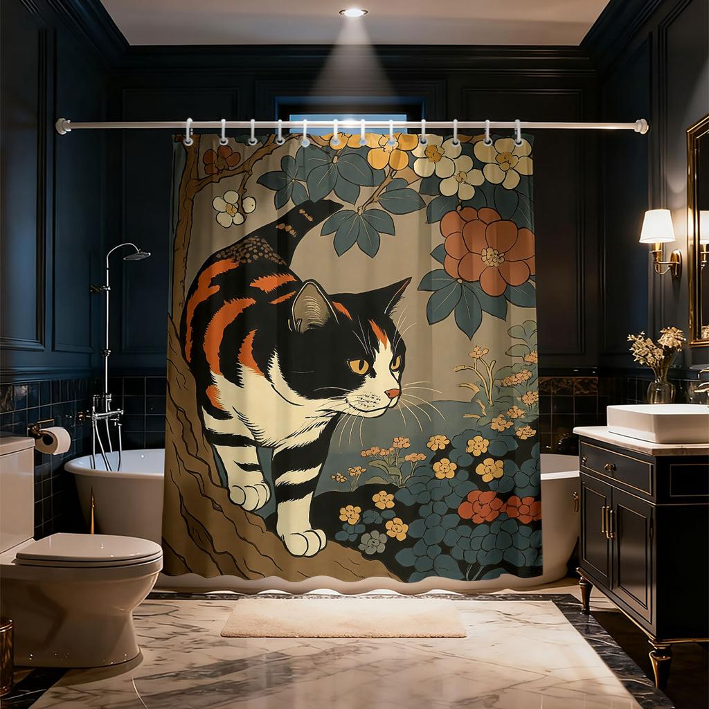1PC Vintage Ukiyo-e Calico Cat Floral Waterproof Shower Curtain, Privacy Partition Hanging Curtain for Bathroom