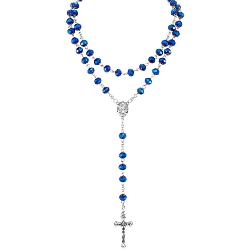 652F Catholic Rosary Crystal Beads Necklace with Miracles Medals Crosses Crucifix First Communion Rosary for Women Men