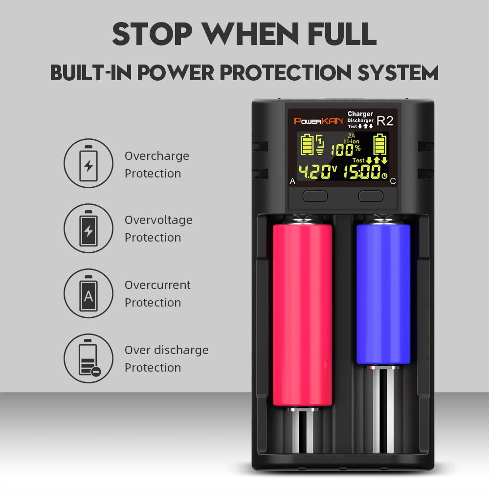POWERKAN R2 Battery Charger LCD Display Suitable for charging 2 3.7V multi-size Li-ion batteries and 1.2V AA AAA NiMH batteries
