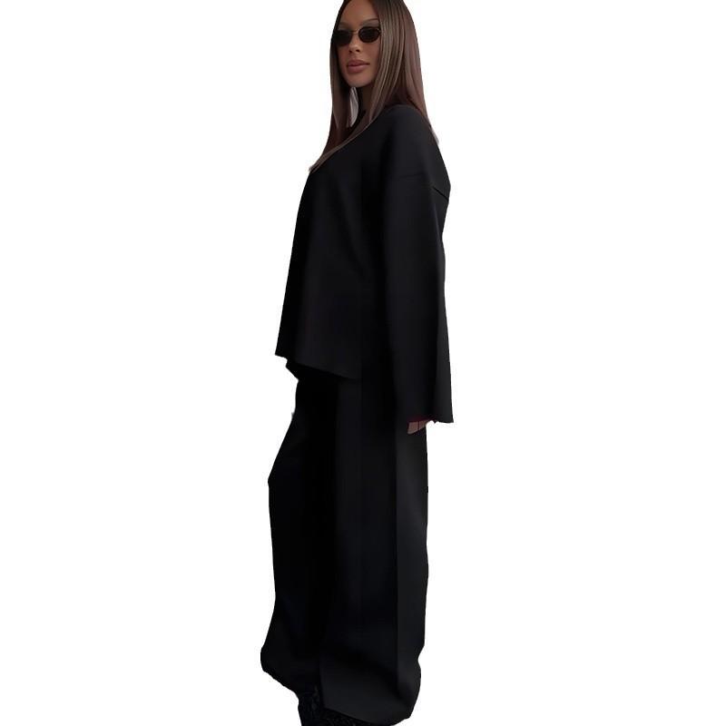 Womens Solid Color Crew Neck Knit Sweater Wide Leg Pants Set Casual Outfit