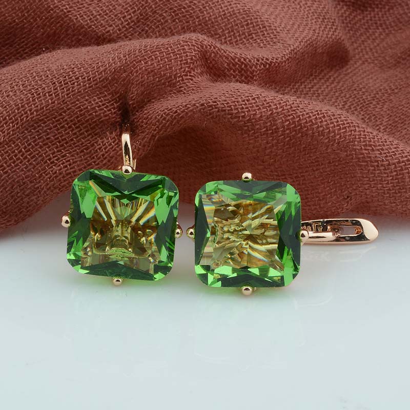 FJ Luxury Wedding Women Earring Rose Gold Color 585 Zircon Fashion Big Square Pink/White/Green/Red/Blue Zircon Drop Earring