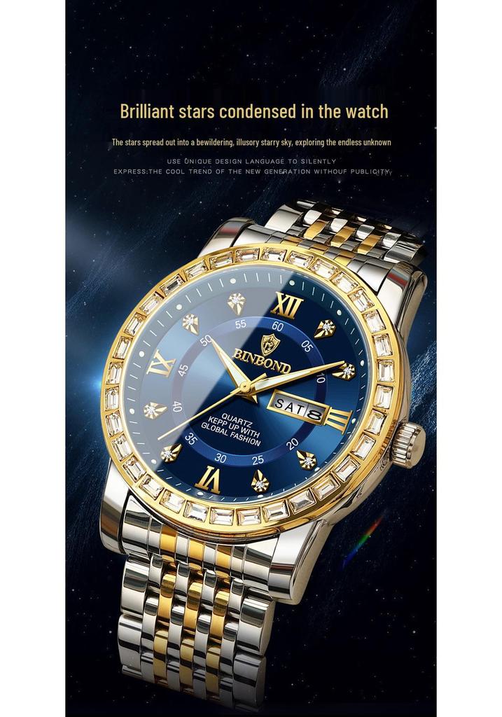 Men's Genuine Diamond-Inlaid Mechanical Watch – Trendy, Waterproof, Double Calendar, Luminous Quartz.