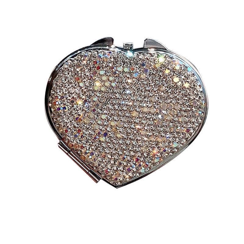 Rhinestone Heart Mini Makeup Mirror – Portable, Double-Sided, Folding Mirror for Girls