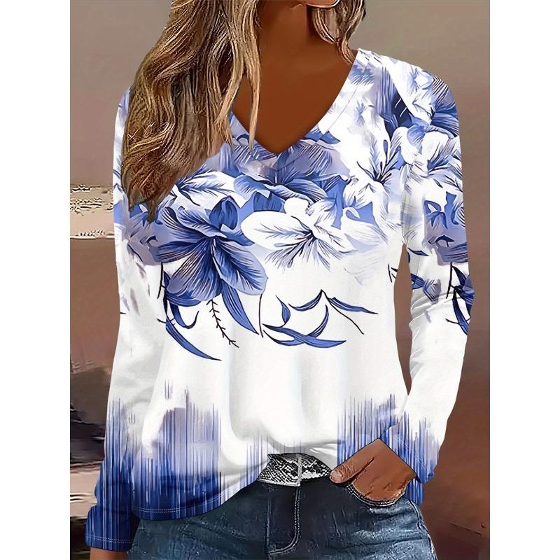 Women's Autumn and Winter 3D Printed V-Neck Long Sleeve T-Shirt Fashion Versatile Trend Breathable Casual