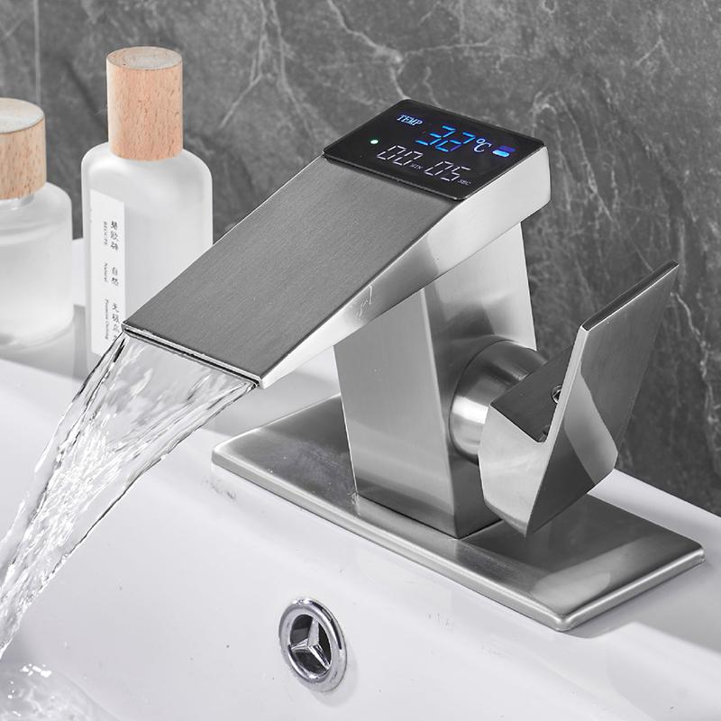 Luxury High Tech Digital Display Faucet ℉℃ Bathroom Basin Temperature Sensor Faucet Kitchen Sink Mixer Tap Vanity Waterfall Tap