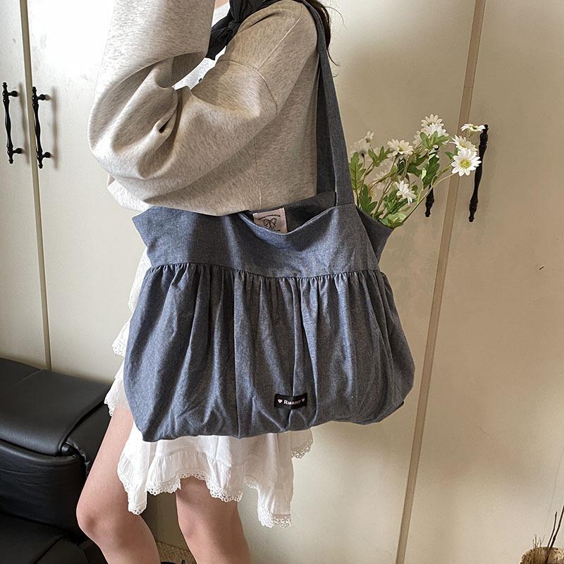 Lazy Wind Large-Capacity Cloth Bag Textured Girl Shoulder Bag White Polka Dot Canvas Tote Bag