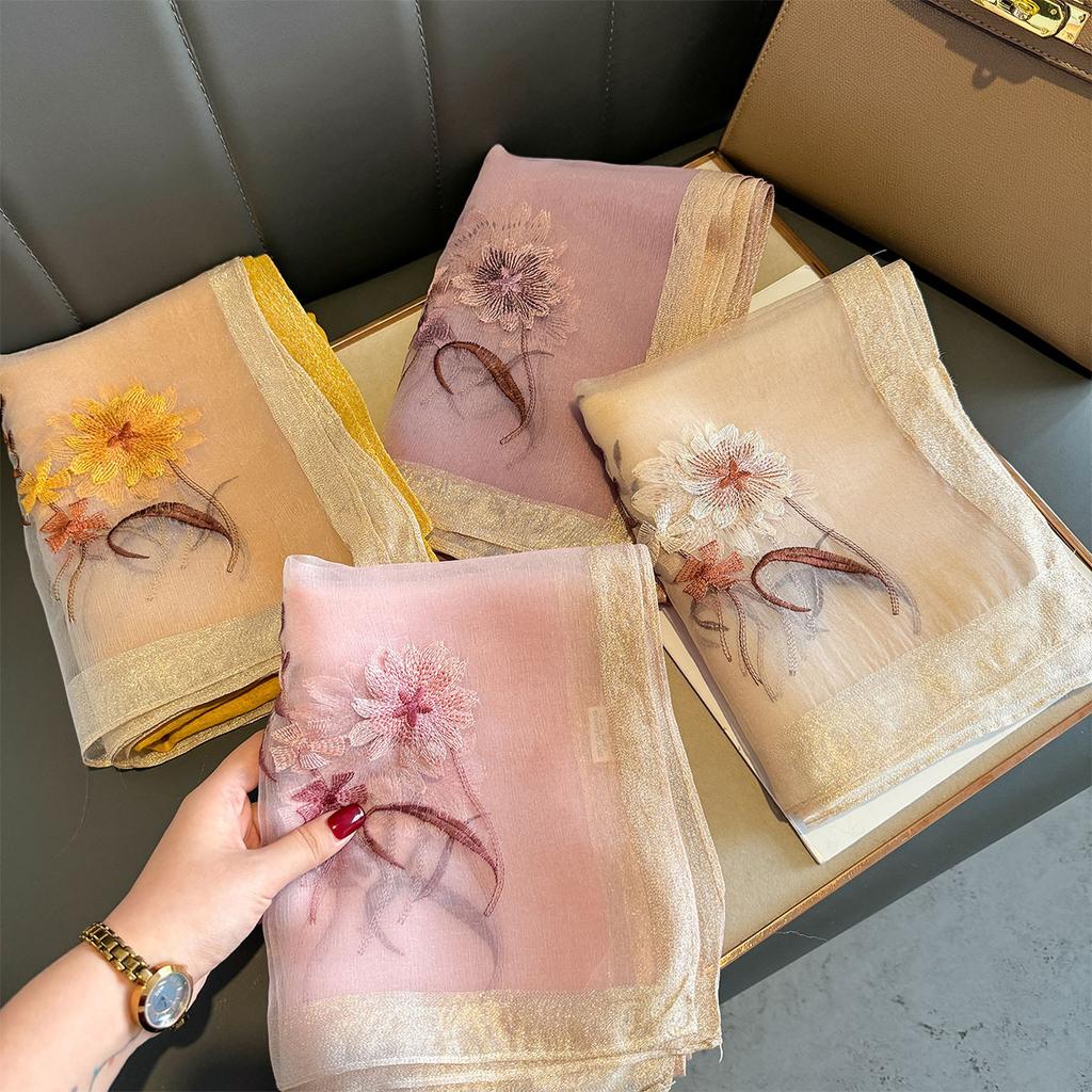 Long Silk Wool Scarf Shawls and Wraps for Women Floral Embroidery Bufandas Pashmina Neck Poncho Scarves Headband Hijab Bandana