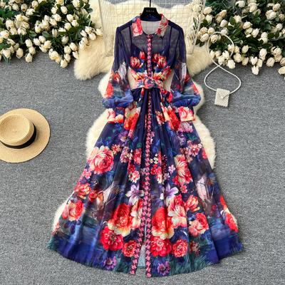 Summer Women Vintage Print Turn-down Collar Chiffon Holiday Beach Long Maxi Shirt Dresses With Belt