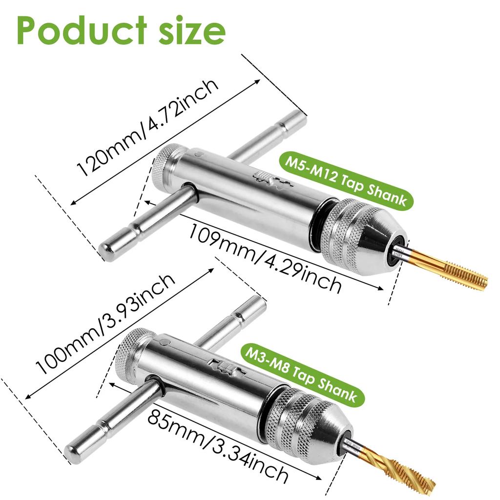 2Pcs Ratchet Wrench Adjustable T-Handle Holder, T Type Ratchet Tap Wrench for Metric M3-M8 / M5-M12 Thread Screw Taps Hand Tool