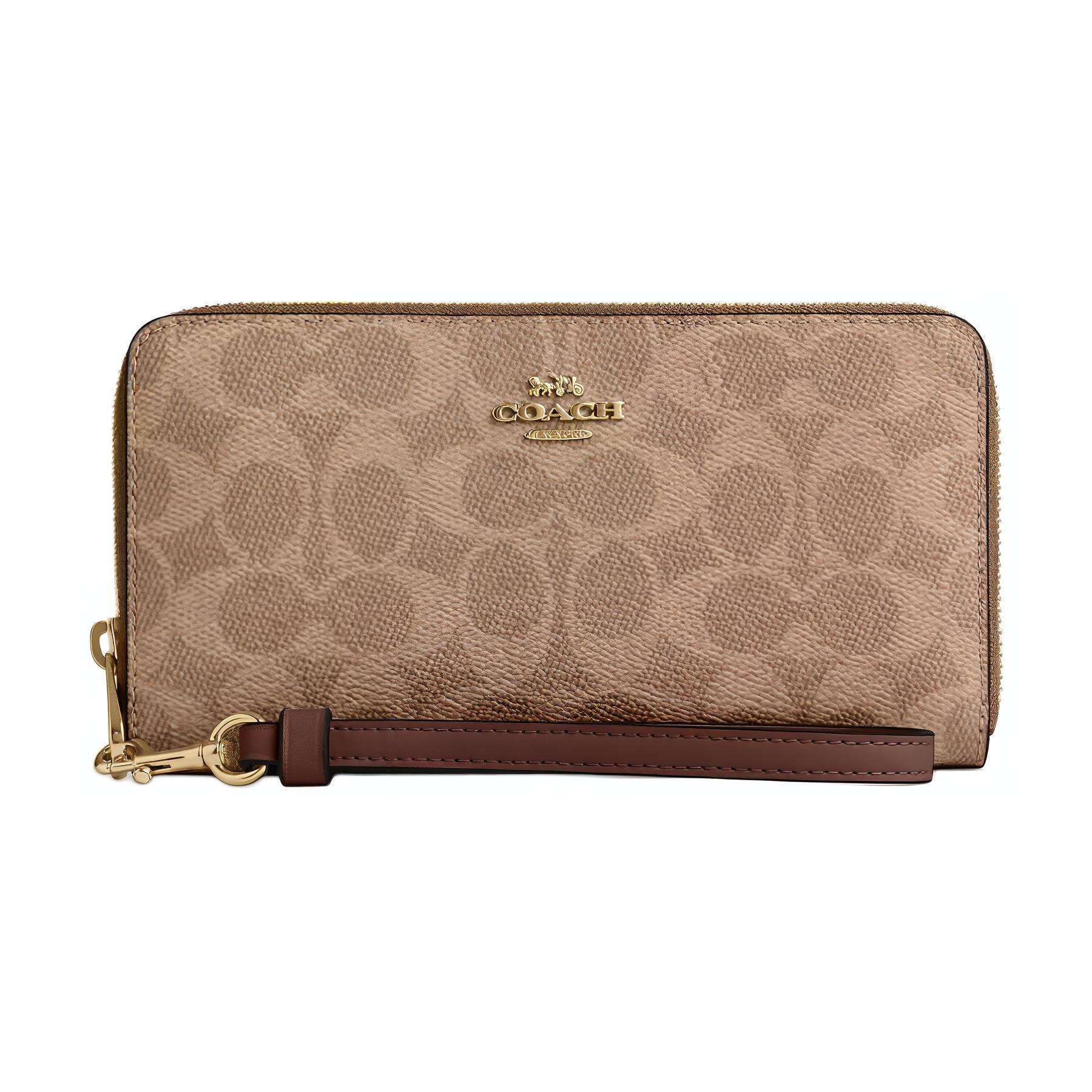 

Coach 19 Metal Logo Zipper Wallet Coated Canvas Women wallet Brown Tan CW778-IMXHE Tan & Brown