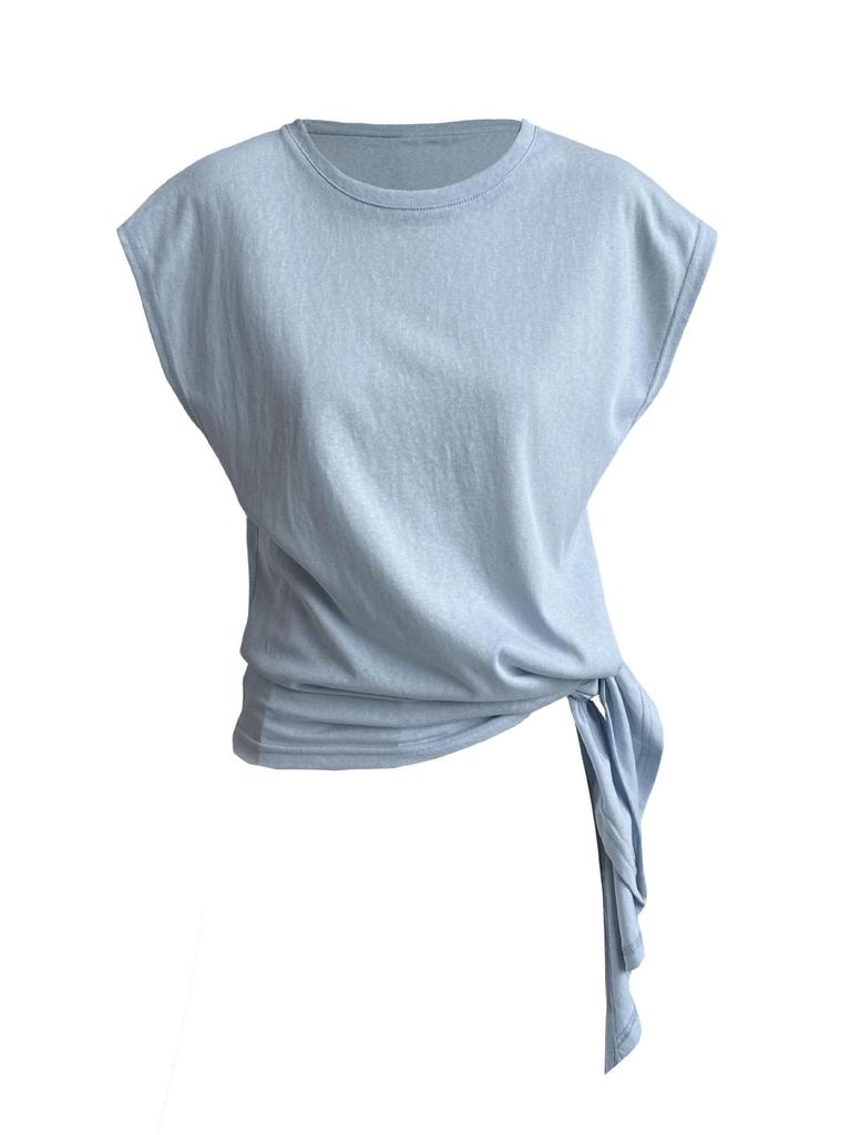 LUXI Koreanisches Schlank geschnittenes Kurzarm-T-Shirt mit Schnürung und unregelmäßigem Saum für Damen