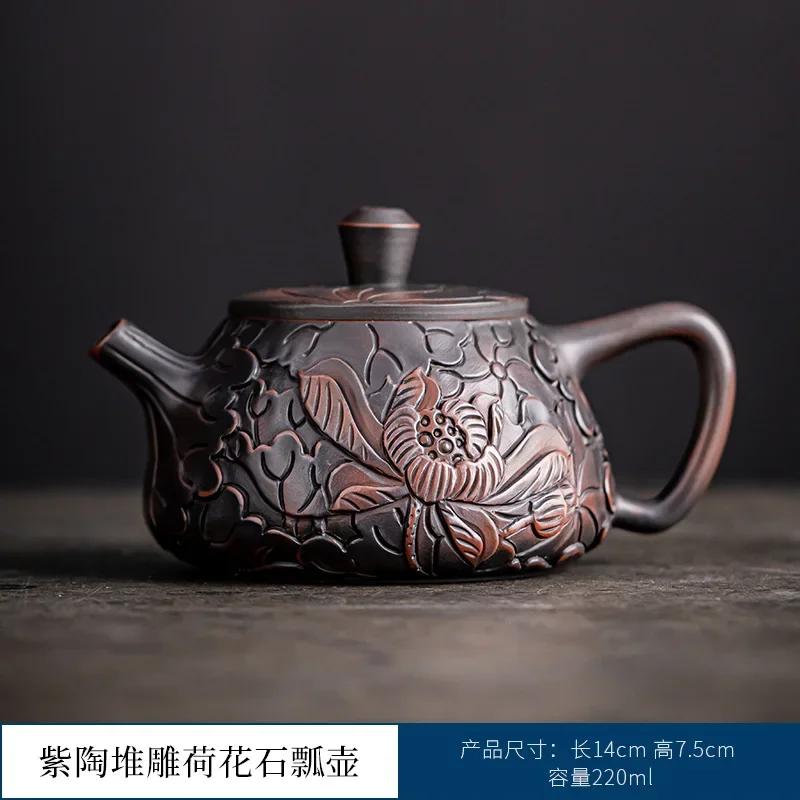 Jianshui Purple Pottery Teapot Heap Carving Xianglong Pot Kung Fu Tea Set Purple Clay Pot Deep Carving Tea Making Tea Kettle