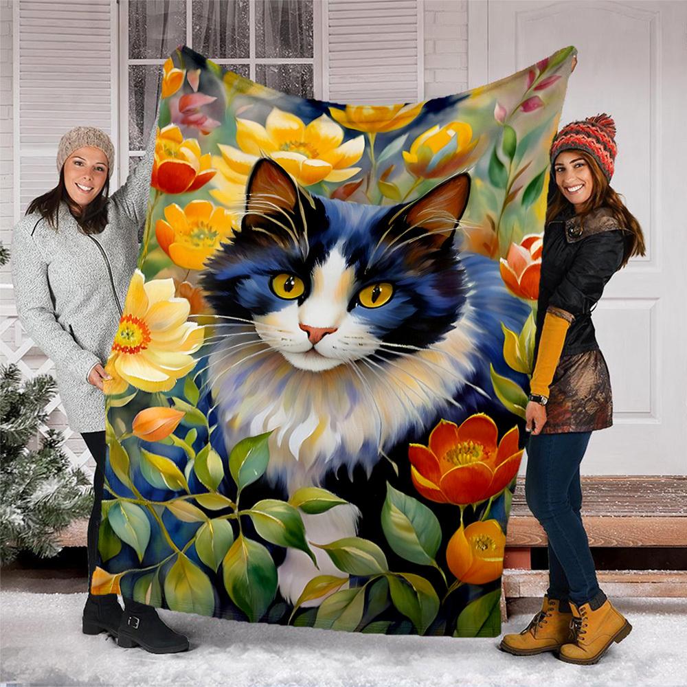 1pc Cat Flowers Outdoor Flannel Blanket , Machine Washable Perfect Gift for Birthday , Holiday Travel Accessory , Durable Material