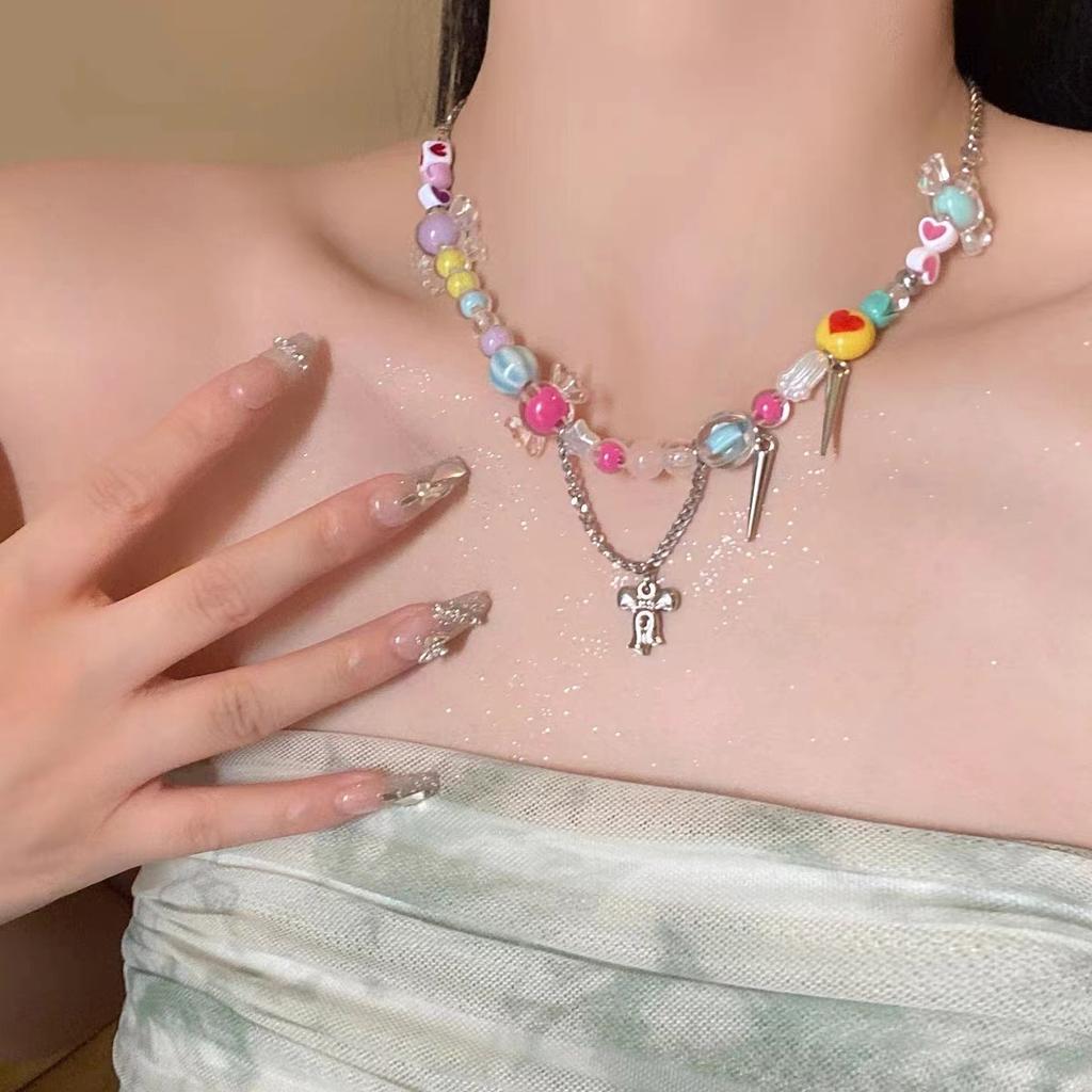 Dopamine Girl Colored Necklace Female Niche Design Sense Sweet Beaded Collarbone Chain Internet celebrity Sweet Cool Babes Necklace