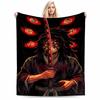 Anime Style Warrior Holding Sword with Red Eye Design On Black Blanket Blanket, Suitable for Use In the Bedroom, Living Room, On the Sofa