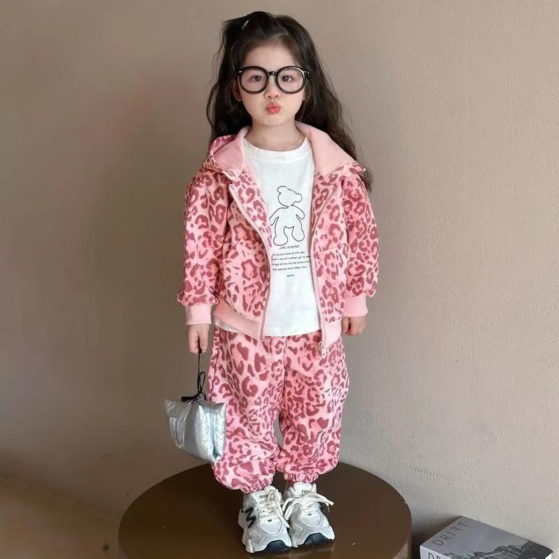 Spring Autumn Girls'  Kids Leopard Pattern Suit Coat+trousers Pants Sets Comfortable Cute Baby Clothes Children Clothing Sportswear Two-piece Set