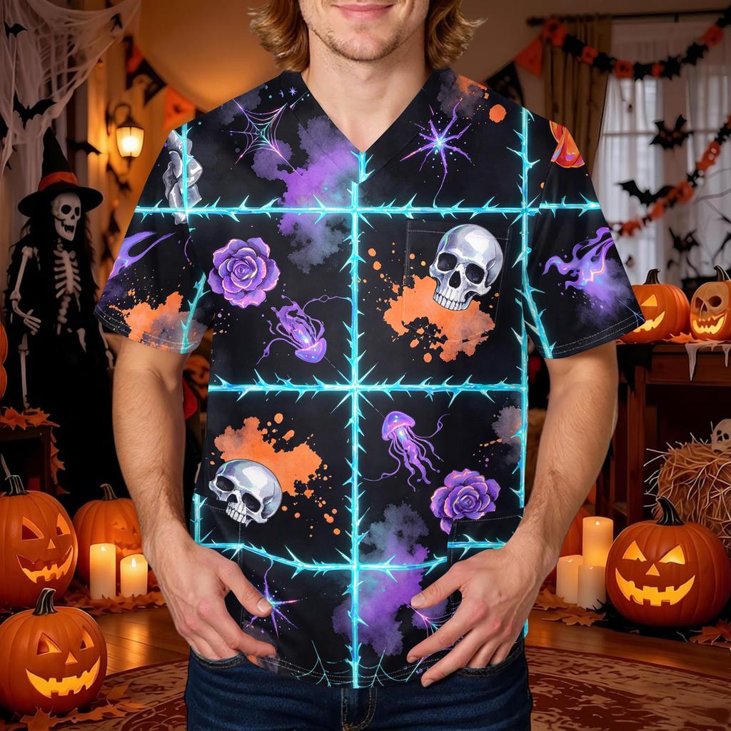 Men's Halloween Print V-Neck Scrub Top with Pocket Short Sleeve Uniform Shirt