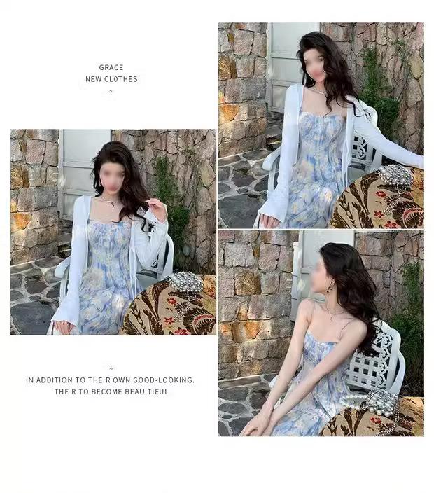 Dámské francouzské květinové modré letní šaty na špagetová ramínka: Elegantní styl Long Beach