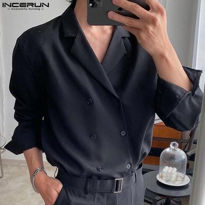 Men Lapel Collar Long Sleeve Blazer Solid Color Casual Double Breasted Shirts