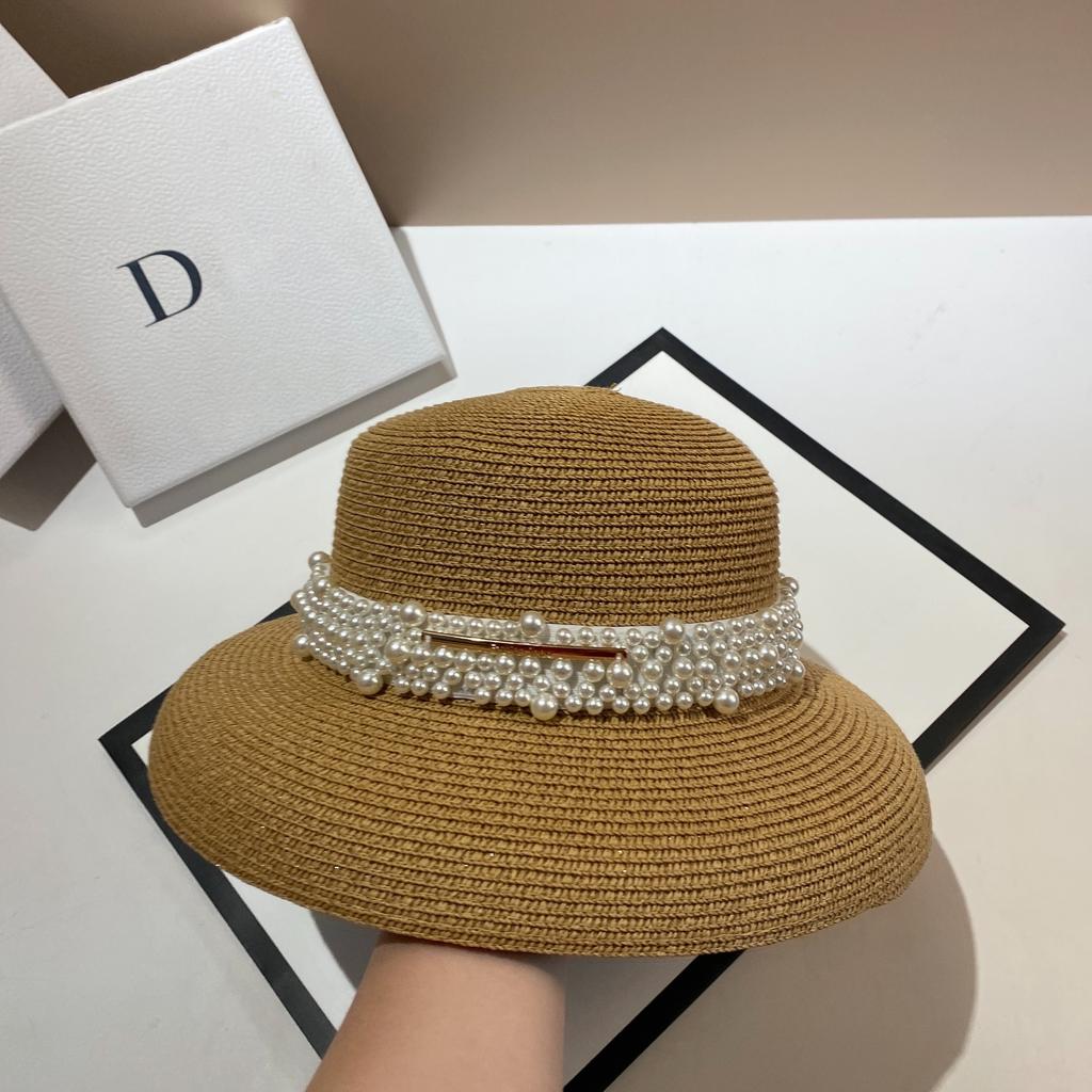 French Hepburn Style Lampshade Straw Hat Summer Small Fragrant Wind Pearl Light Luxury Sun Hat Concave Shape Big Brand Sense Straw Hat