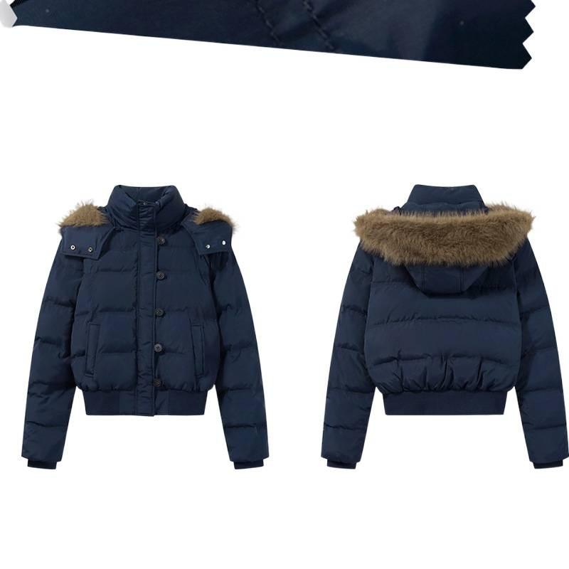 Winter versatile navy blue hooded fur collar short cotton-padded jacket women's new warm thickened down cotton-padded jacket