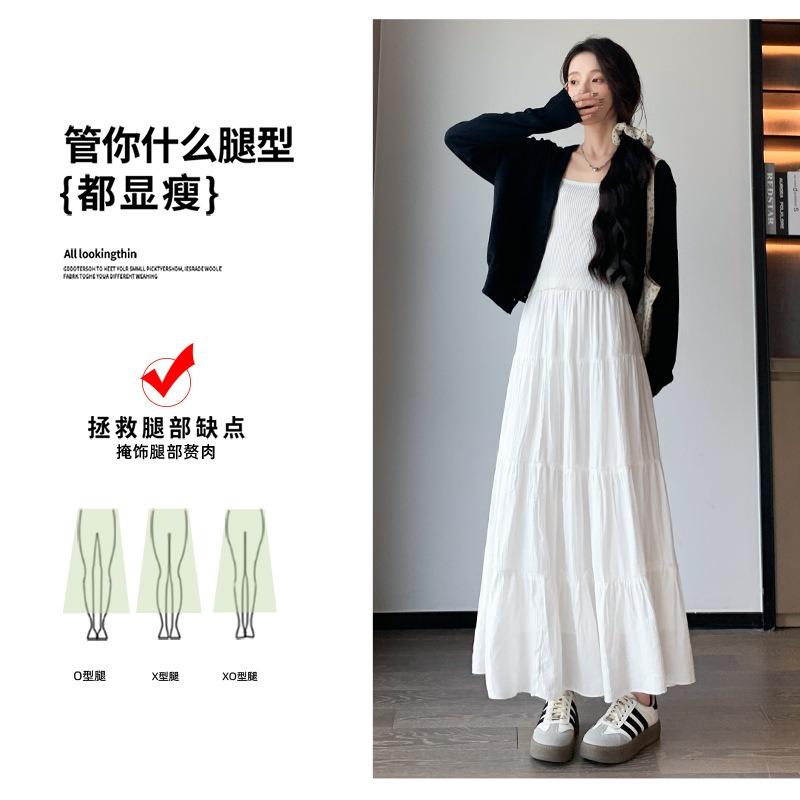 White skirt women's spring and summer new high-waisted A-word thin pleated long skirt umbrella skirt small cake skirt
