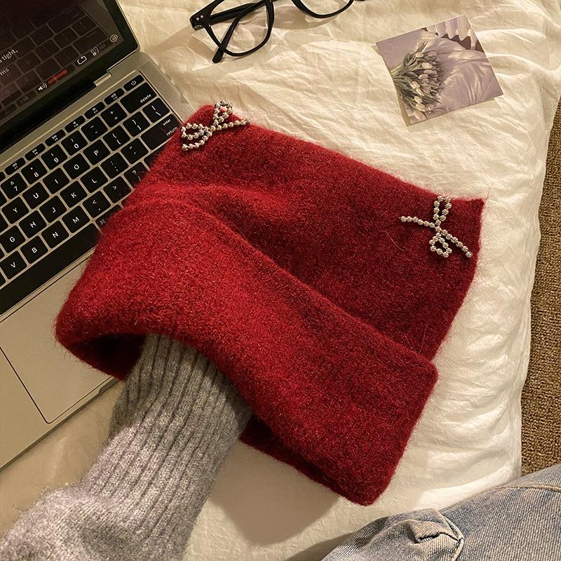 Cute bow knitted hat women's autumn and winter versatile thermal bald hat, standing ear and showing face, small wool hat