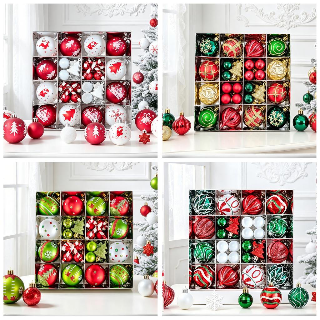 46Pcs Christmas Tree Ornaments Set Red Green White Snowflake Candy Cane Painted Baubles Holiday Home Decor
