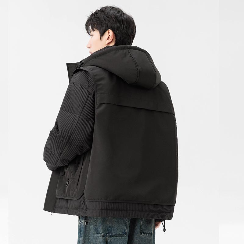 Men's Winter Faux Two-Piece Hooded Down Coat with 3D Pockets - 85% White Duck Down, Warm and Loose Fit.