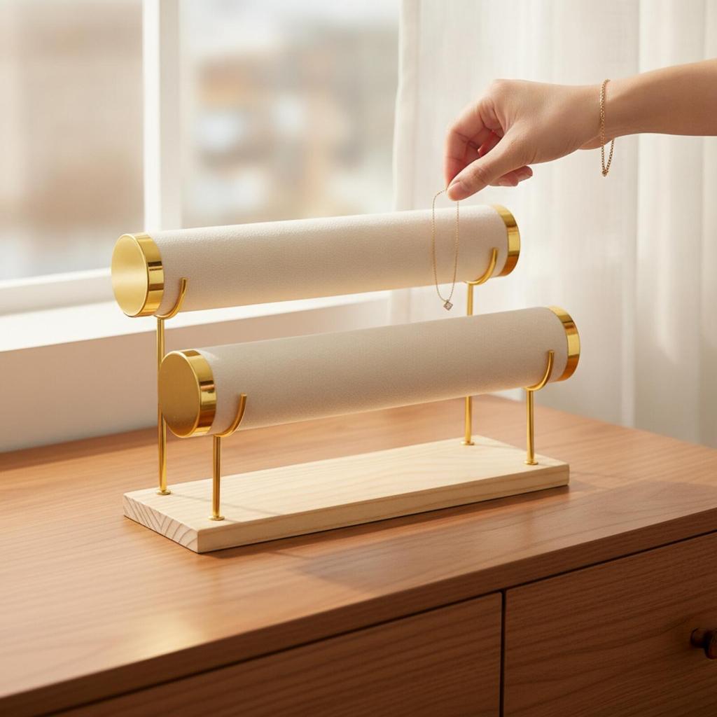 Versatile Freestanding Jewelry Display Rack with Wooden Base Sturdy Bangle
