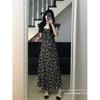Coffee Break French Hepburn Style Black Floral Dress Children's Summer New Temperament Waist Long Dress Advanced