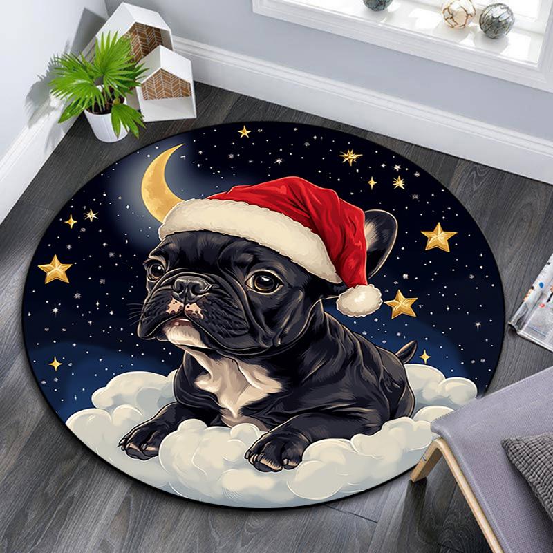 Christmas French Bulldog Round Area Rug,Carpet Rug for Living Room Bedroom Sofa Playroom Decor,Non-slip Floor Mat