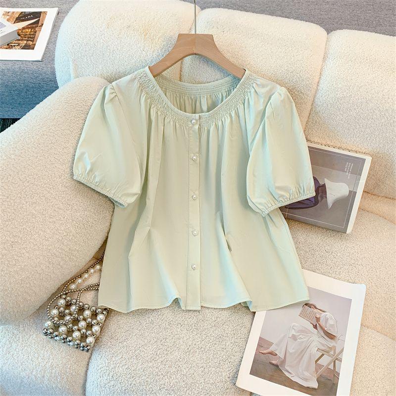 French Mint Bubble Round Neck Shirt - Summer 2026 Design, Short Sleeve, Loose Fit Top