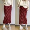 Red Retro High-Waist Wool Plaid Skirt with Slit - Autumn/Winter Flocked Slimming Hip Wrap Skirt