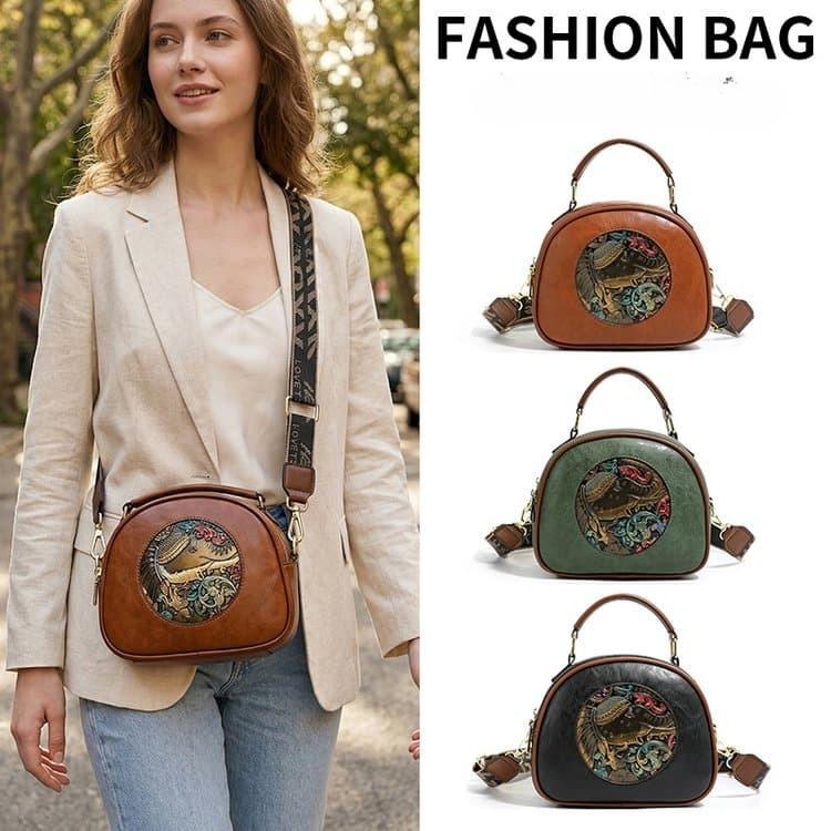 Vintage embossed soft leather small round bag women's shoulder bag