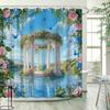 Blommigt Landskap Europeisk Romersk Båge Duschdraperi - Naturligt Flodstrandslandskap, Blå Himmel & Fjärilar, Polyester, 12 Krokar