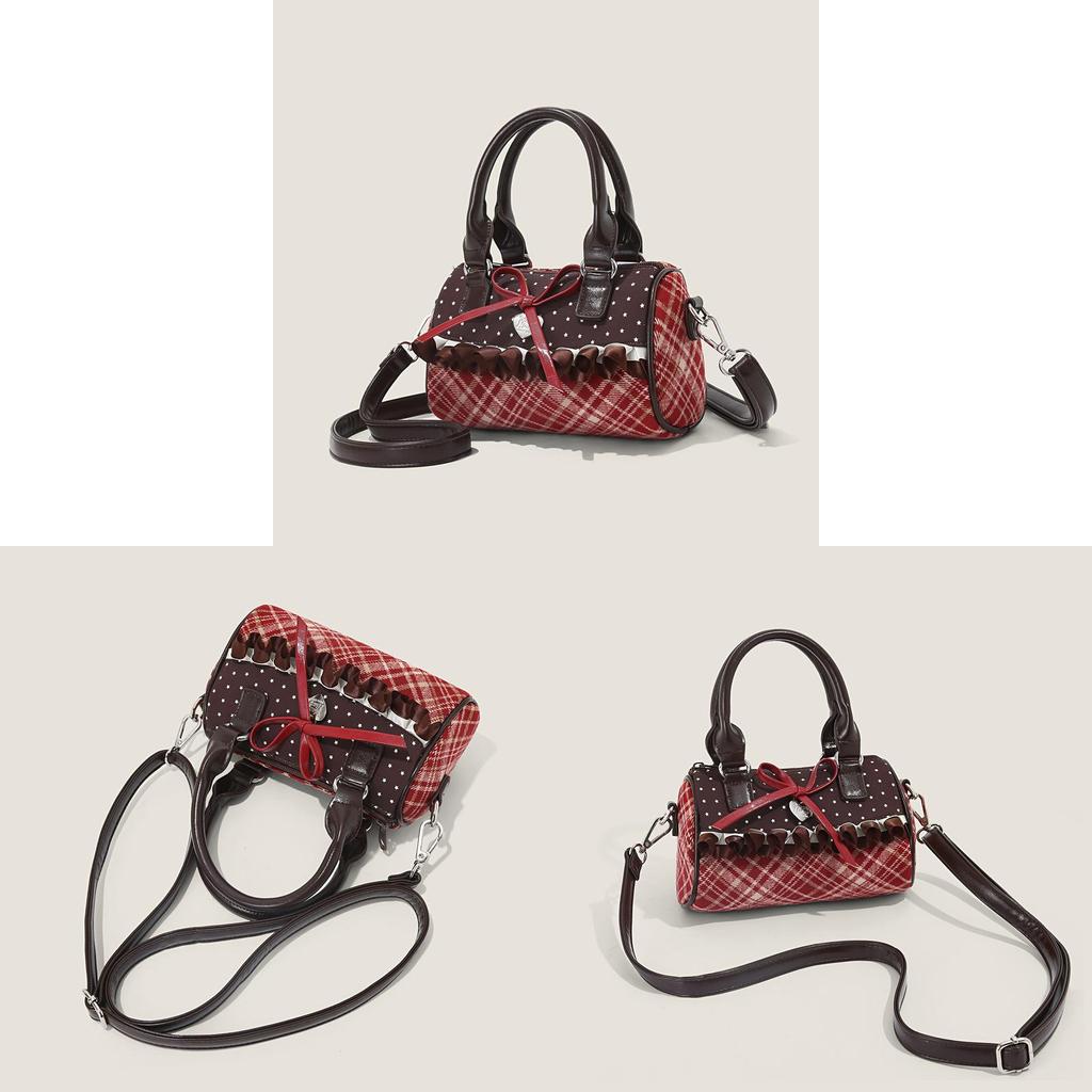 Canvas Small Square Bag With Red Plaid Patchwork For Daily Casual Wear