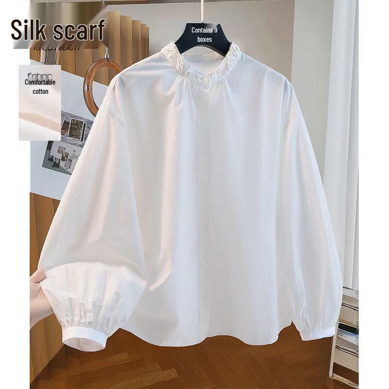 

Women s Pure Cotton Stand-Collar Pleated Loose Fit Shirt S