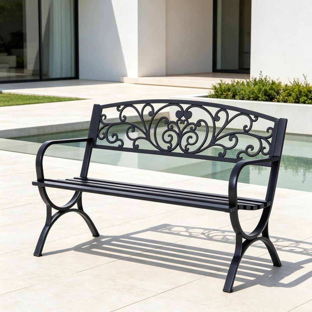 Stylish outdoor bench, garden bench with ornamental backrest design, elegant bench (only with bench)