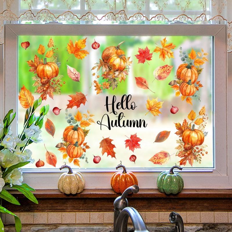 New Pattern Autumn Harvest Pumpkin Leaves and Squirrel Background Wall Decal Double-Sided Printed Window Glass Display Sticker