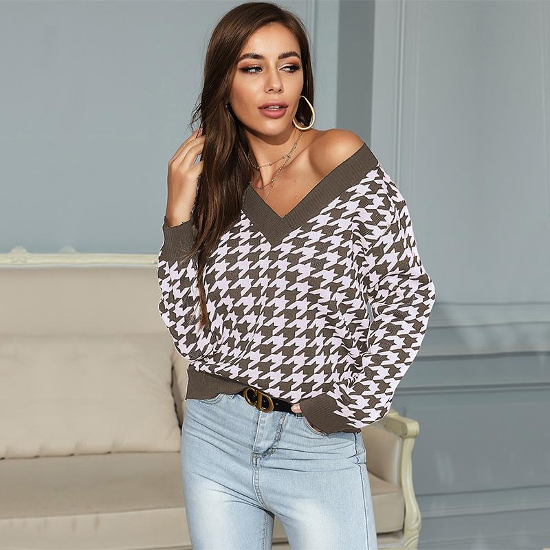 

MIEGOFCE European and American Long-Sleeved Houndstooth Jacquard V-Neck Bottoming Knitted Sweater Women Autumn 6430