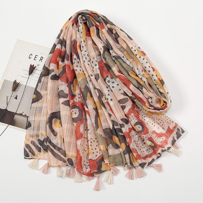 Spring and Summer New Beard Tassel Polyester Long Scarf Women's Popular Color Cashew Nut Printed Cotton and Linen Long Scarf