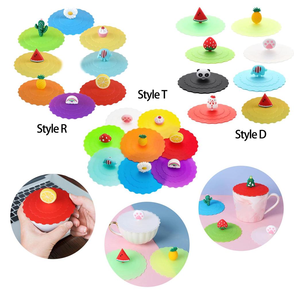 8Pcs Silicone Drink Cup Lids 10cm Creative Round Mug Cover Reusable Anti Dust Cup Covers Cartoon Coffee Mug Lid