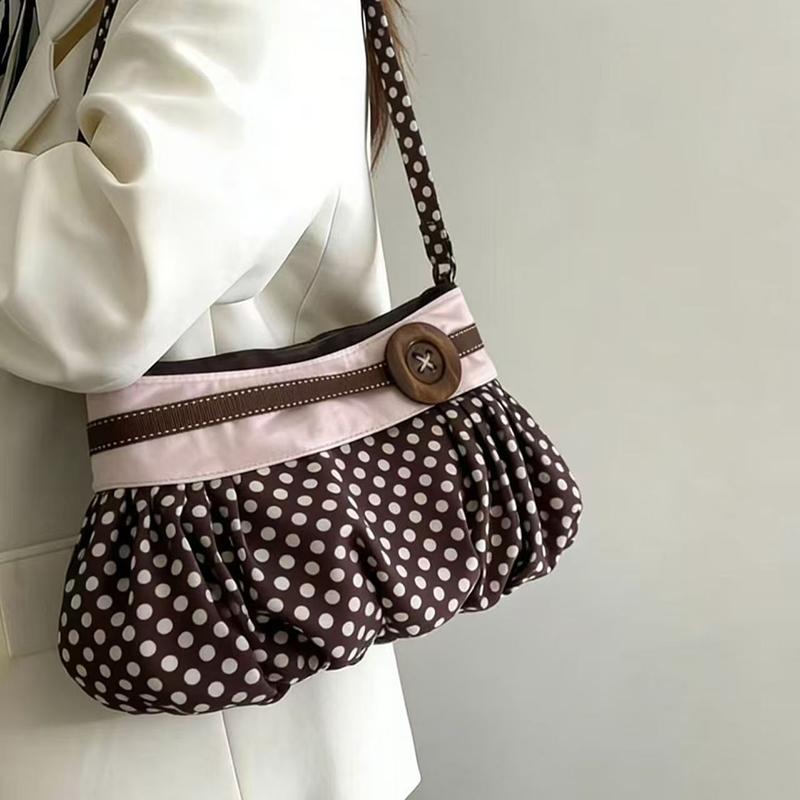 Vintage Polka Dot Shoulder Bag Women Butt Decor Ruched Crossbody Handbag Casual Minimalist Underarm Tote Bag Commute Shopping