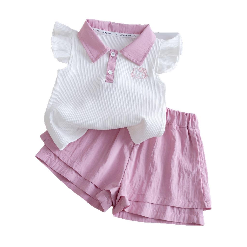 Girls Summer Sweet Polo Shirt Set Stylish Flutter Sleeve Casual Two Piece Outfit For Kids