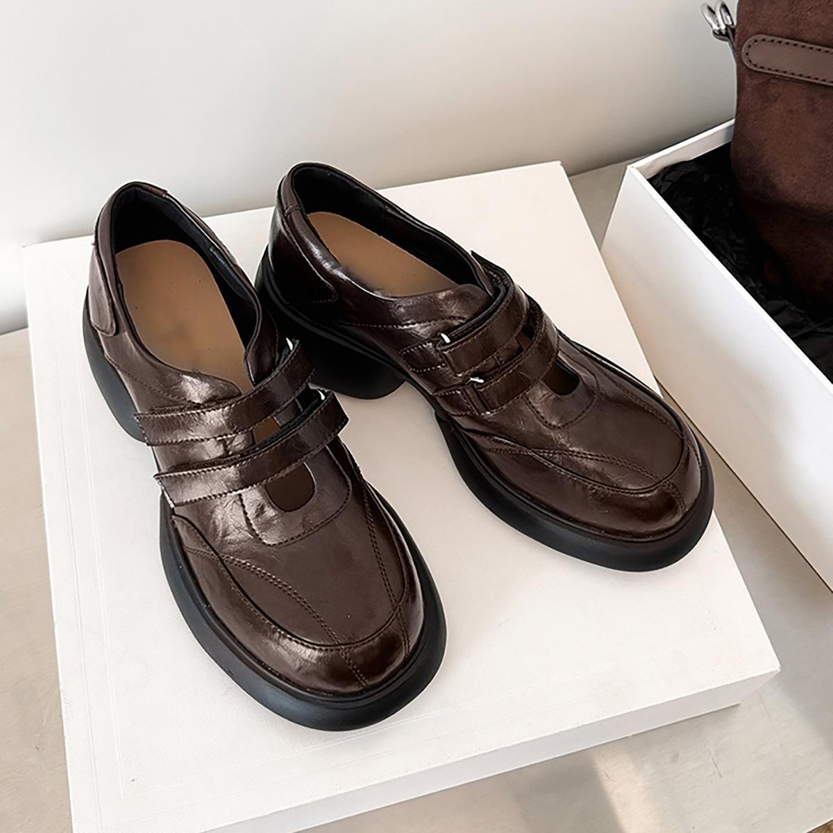 

Версия из овчины~ ретро кожа черные лоферы на толстом каблуке женственность круглый носок удобные универсальные туфли на платформе для работы 40