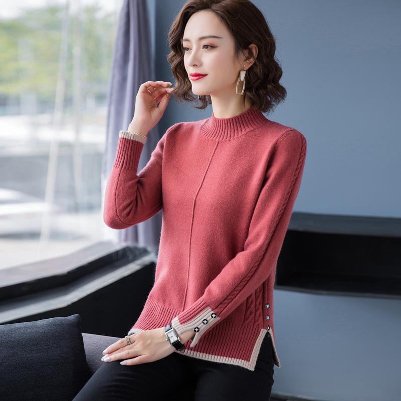 Half High Neck Sweater Split Hem Design Women's Knitted Pullover Casual Solid Color Sweater Harajuku Commuting Autumn and Winter