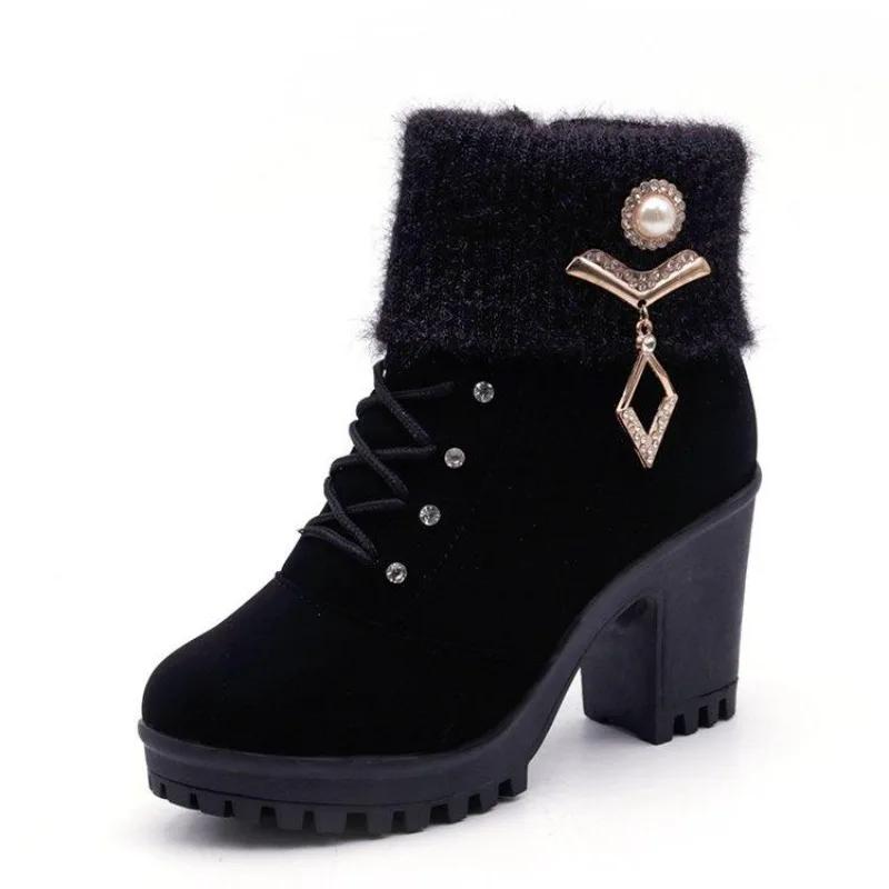 Damen Designer High Heels Schuhe Winter Warm Rutschfest Block Kuhveloursleder Warme Schneestiefel Mode Kristall Plüsch Goth Botas