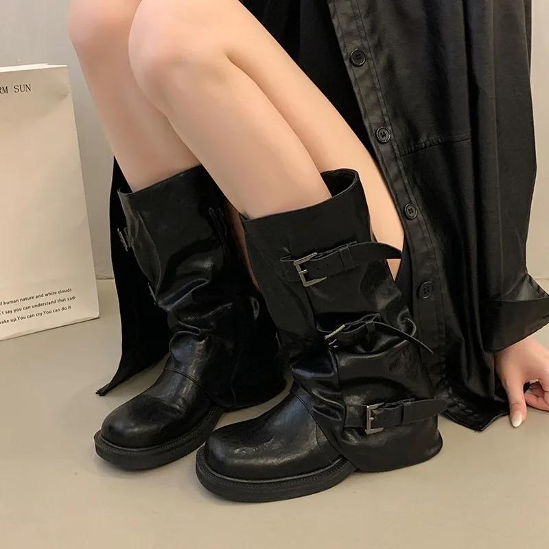 Fashion Retro Boots Women's Early Autumn Western Cowboy Booties High Waist Chunky Heel Faionable PU Leather Superfine Fiber 2025